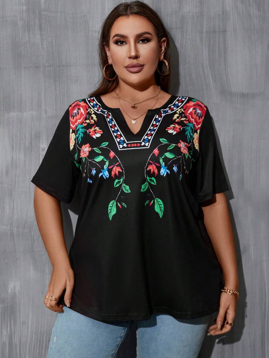 SHEIN Holidaya Áo thun Plus size Thêu Hoa Giải trí - màu đen - Xem 1