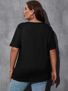 SHEIN Holidaya Áo thun Plus size Thêu Hoa Giải trí - màu đen - Xem 2