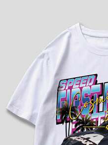 ROMWE MEN Street Life 男士汽車與字母平面t恤 - 白色 - 查看 4