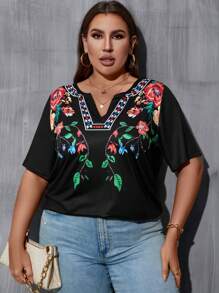 SHEIN Holidaya Áo thun Plus size Thêu Hoa Giải trí - màu đen - Xem 3