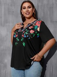 SHEIN Holidaya Áo thun Plus size Thêu Hoa Giải trí - màu đen - Xem 4