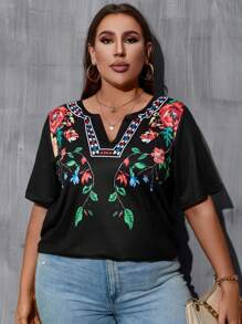 SHEIN Holidaya Áo thun Plus size Thêu Hoa Giải trí - màu đen - Xem 5