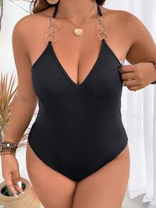 SHEIN Clasi 大碼O形環細節繞頸連體衣 - 黑色 - 查看 3