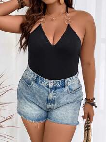 SHEIN Clasi 大碼O形環細節繞頸連體衣 - 黑色 - 查看 4