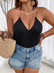 SHEIN Clasi 大碼O形環細節繞頸連體衣 - 黑色 - 查看 6