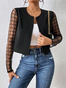 SHEIN Privé 拼接格紋網紗袖開門襟夾克