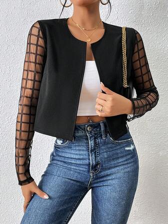 SHEIN Privé 拼接格紋網紗袖開門襟夾克