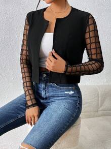SHEIN Privé 拼接格紋網紗袖開門襟夾克