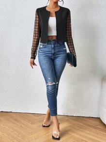 SHEIN Privé 拼接格紋網紗袖開門襟夾克