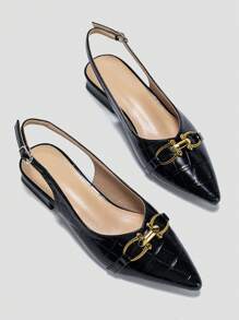 Women Crocodile Embossed Metal Decor Point Toe Flats, Elegant Black Slingback Flats For Outdoor