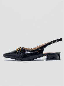 Women Crocodile Embossed Metal Decor Point Toe Flats, Elegant Black Slingback Flats For Outdoor