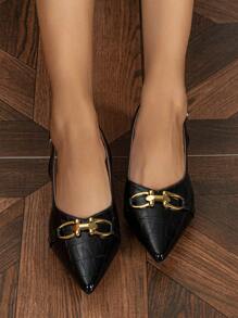 Women Crocodile Embossed Metal Decor Point Toe Flats, Elegant Black Slingback Flats For Outdoor