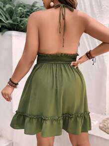 Flirla Vestido halter con espalda descubierta, volantes y dobladillo para vacaciones en la playa para mujeres de talla grande - Verde militar - Ver 2