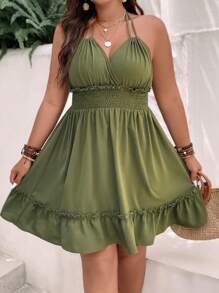 Flirla Vestido halter con espalda descubierta, volantes y dobladillo para vacaciones en la playa para mujeres de talla grande - Verde militar - Ver 5