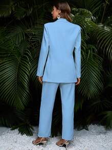 GENKIRA Solid Single Breasted Blazer & Pants  - Baby Blue - View 2