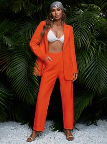 GENKIRA Chất rắn Áo vest & Quần tây - trái cam - Xem 5