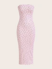 SHEIN MOD Summer Going Out Pink Ditsy Floral Print External Suture Tube Bodycon Dress - Baby Pink - View 1