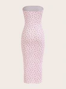 SHEIN MOD Summer Going Out Pink Ditsy Floral Print External Suture Tube Bodycon Dress - Baby Pink - View 2