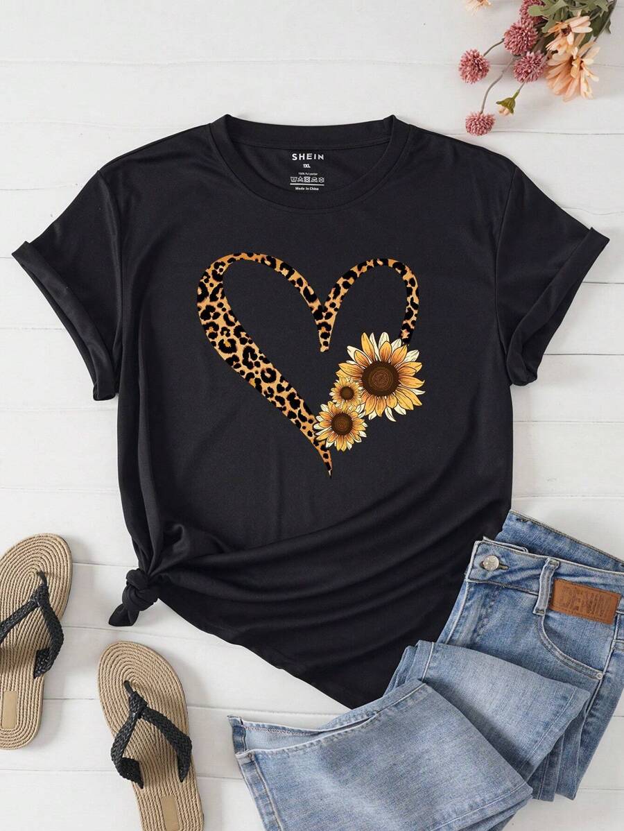 INAWLY Plus 向日葵和心形印花 T 恤，夏季 - 黑色 - 查看 1