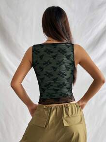 SHEIN EZwear 花卉蕾絲撞色滾邊短款背心 - 黑色 - 查看 2