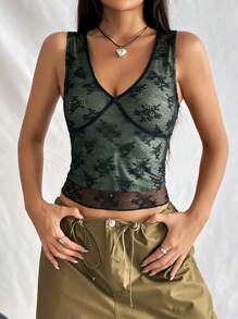 SHEIN EZwear 花卉蕾絲撞色滾邊短款背心 - 黑色 - 查看 4