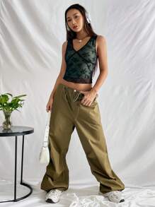 SHEIN EZwear 花卉蕾絲撞色滾邊短款背心 - 黑色 - 查看 6