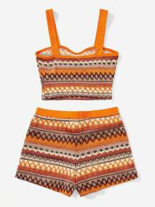SHEIN VCAY Geo Pattern Contrasting Wide Straps Top & Shorts Two-Piece Set - Multicolor - View 2