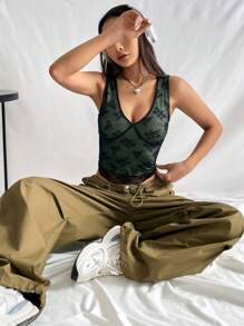 SHEIN EZwear 花卉蕾絲撞色滾邊短款背心 - 黑色 - 查看 7
