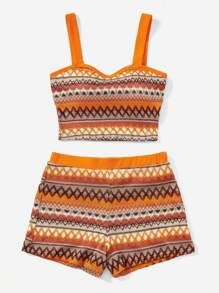 SHEIN VCAY Geo Pattern Contrasting Wide Straps Top & Shorts Two-Piece Set - Multicolor - View 4