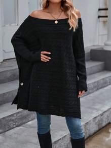 SHEIN LUNE Off Shoulder Batwing Sleeve Button Detail Split Hem Sweater - Black - View 1