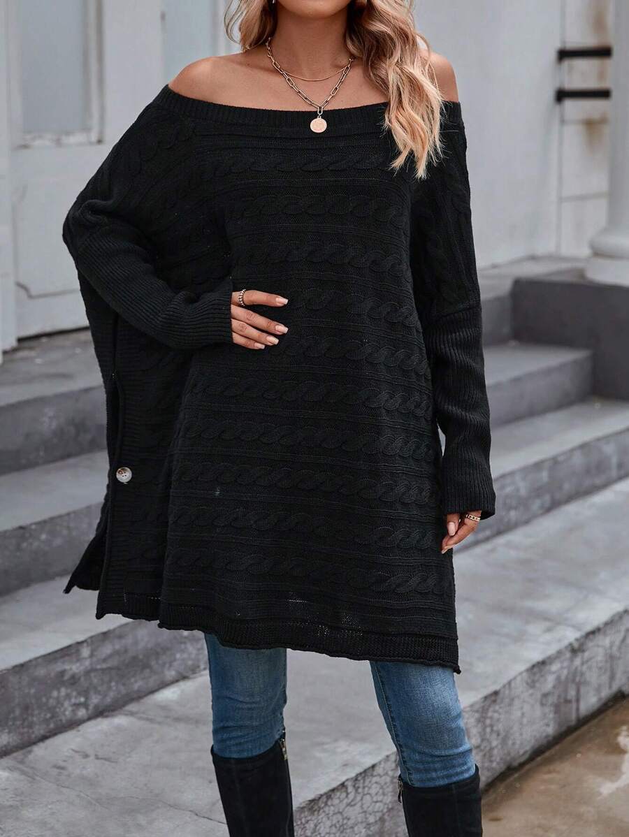 SHEIN LUNE Off Shoulder Batwing Sleeve Button Detail Split Hem Sweater - Black - View 1