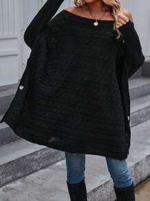 SHEIN LUNE Off Shoulder Batwing Sleeve Button Detail Split Hem Sweater - Black - View 4