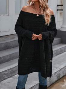 SHEIN LUNE Off Shoulder Batwing Sleeve Button Detail Split Hem Sweater - Black - View 5