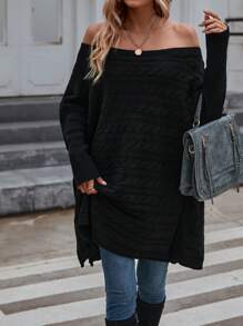 SHEIN LUNE Off Shoulder Batwing Sleeve Button Detail Split Hem Sweater - Black - View 7