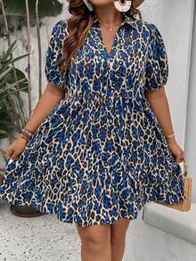 SHEIN LUNE Plus Leopard Print Puff Sleeve Ruffle Hem Dress - Multicolor - View 5