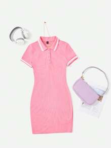 SHEIN EZwear 拼接邊Polo領緊身連衣裙 - 粉色 - 查看 1