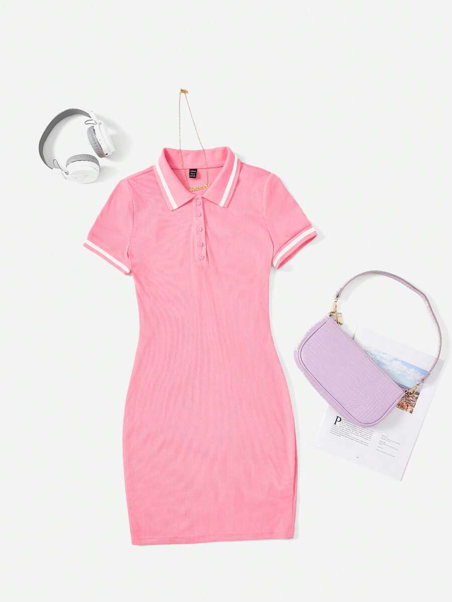 SHEIN EZwear 拼接邊Polo領緊身連衣裙 - 粉色 - 查看 1