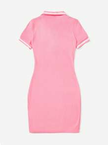 SHEIN EZwear 拼接邊Polo領緊身連衣裙 - 粉色 - 查看 2