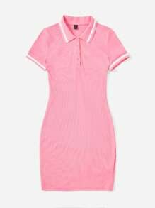 SHEIN EZwear 拼接邊Polo領緊身連衣裙 - 粉色 - 查看 3