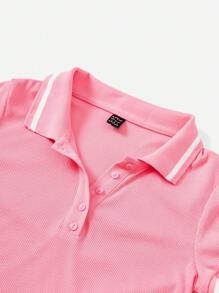 SHEIN EZwear 拼接邊Polo領緊身連衣裙 - 粉色 - 查看 4