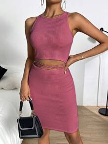 SHEIN Essnce 腰部鏤空條紋針織緊身連衣裙 - 藕粉色 - 查看 3