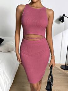 SHEIN Essnce 腰部鏤空條紋針織緊身連衣裙 - 藕粉色 - 查看 6