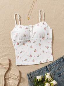 SHEIN Qutie Top de tirantes con estampado floral con botón delantero - Blanco - Ver 1