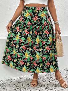 SHEIN Holidaya 大碼熱帶圖案荷葉邊半身裙 - 彩色 - 查看 1
