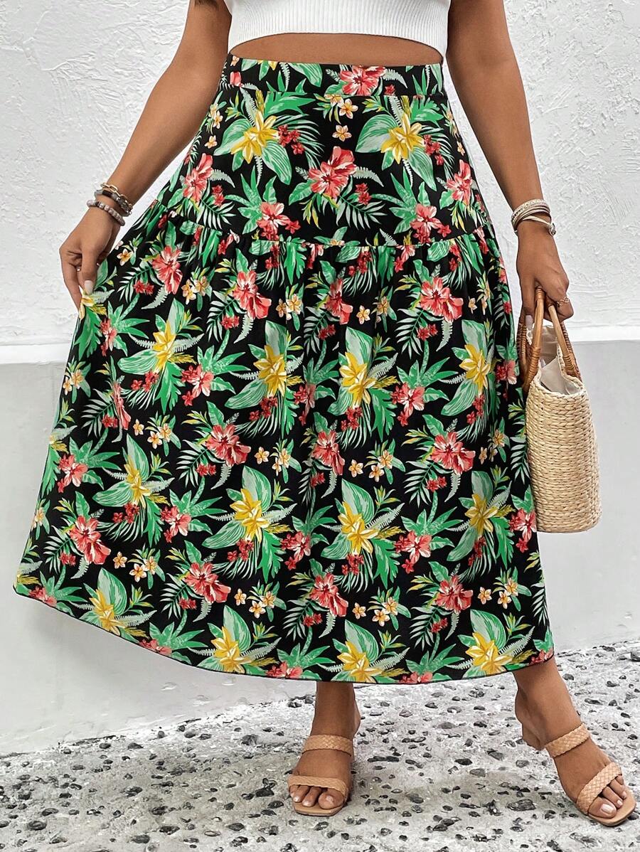 SHEIN Holidaya 大碼熱帶圖案荷葉邊半身裙 - 彩色 - 查看 1