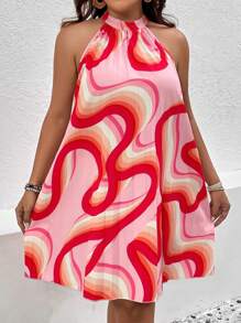 SHEIN Holidaya 大碼滿版印花繞頸連衣裙 - 粉色 - 查看 1