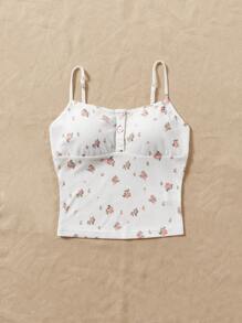 SHEIN Qutie Top de tirantes con estampado floral con botón delantero - Blanco - Ver 3