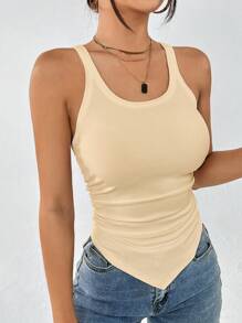 SHEIN Essnce Chất rắn Xù Viền khăn tay Áo ba lỗ - Màu Khaki - Xem 3