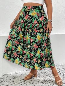 SHEIN Holidaya 大碼熱帶圖案荷葉邊半身裙 - 彩色 - 查看 3