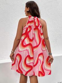 SHEIN Holidaya 大碼滿版印花繞頸連衣裙 - 粉色 - 查看 2